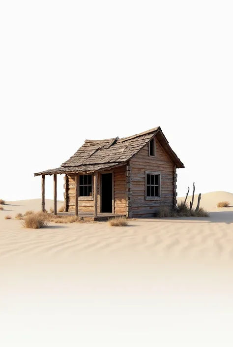 A pequena cabana de madeira renderizada em  white background,   already deteriorated  , collapsed, Dry place , desert.,  reference 3d rendering of a 3d model ,  white background, global physical illumination,  NVIDIA GEFORCE RTX 