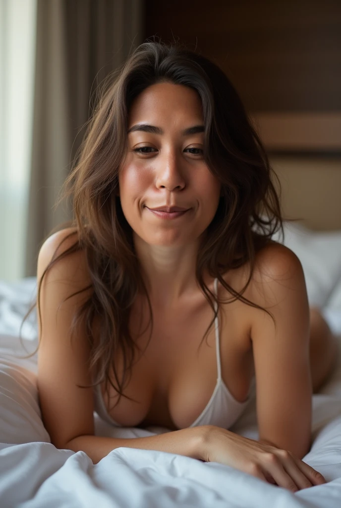 make a small woman with this face, thin body, doesnt wear a shirt, visible breasts, visible vagina, in naughty style, brunette, naughty, lying on the bed in the hotel room.