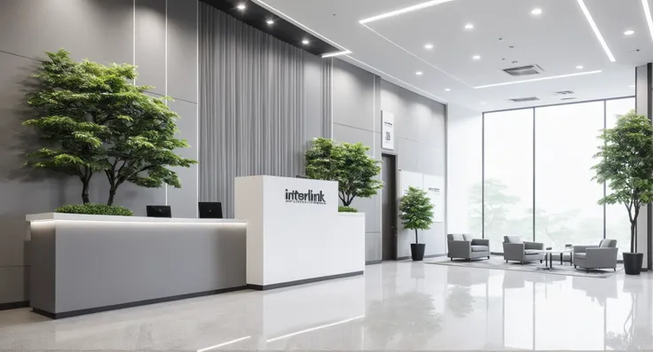 Office lobby with a modern mix of minimalist style, dynamic appearance, light color scheme of white and gray, miniature waterfall, tree, and need for space. Office of Logistics. Interlink is the name of a company.