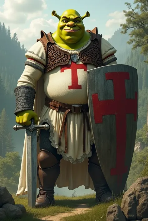 Create a version of Shrek as a Templar knight wearing the Templar robe and armed with a shield and sword in a fist
