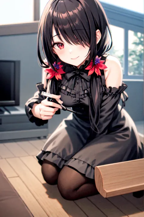 1girl, solo, kneeling, seiza, cckurumi, long hair, low twintails, hair flower, hair over one eye, hair bow, gothic, black dress, ribbon, pantyhose, slippers, sitting, smile, looking at viewer, leaning forward, indoors, living room, television, window, plan...