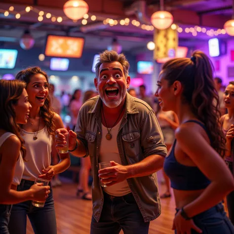  In the center of a bustling bowling alley ,  a visibly drunk man behaves extremely annoyingly.  with a red face and a silly smile ,  He wears a messy shirt and dark pants .  She holds a glass of alcohol in one hand y , with an invasive attitude ,  rests h...