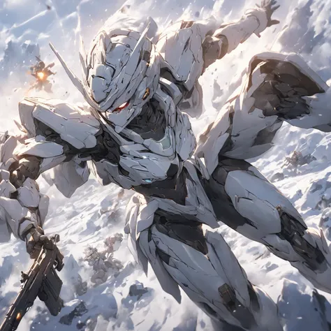 (  Masterpiece  ), (   top quality), (    super detailed ),    1 girl ,   whole body， holding a gun，battle，battleシーン， Gunfight，Fighting poses， is intense，snow，snow原，Body wounds，Mecha