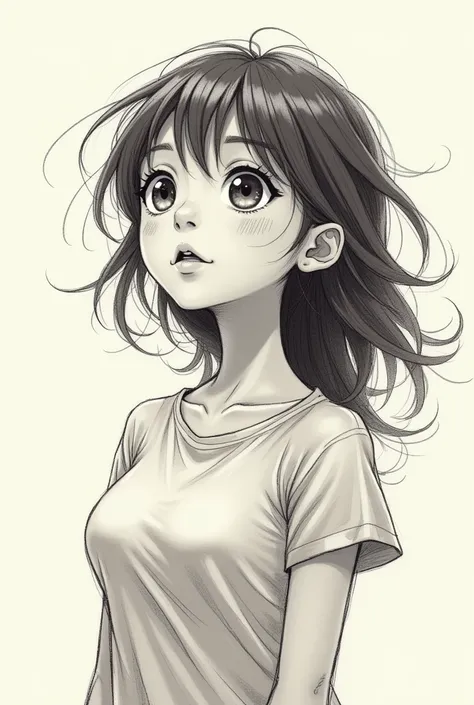  Create me a sketch-like image of a girl ,  that looks up to her bust and is very striking, type cartoon 