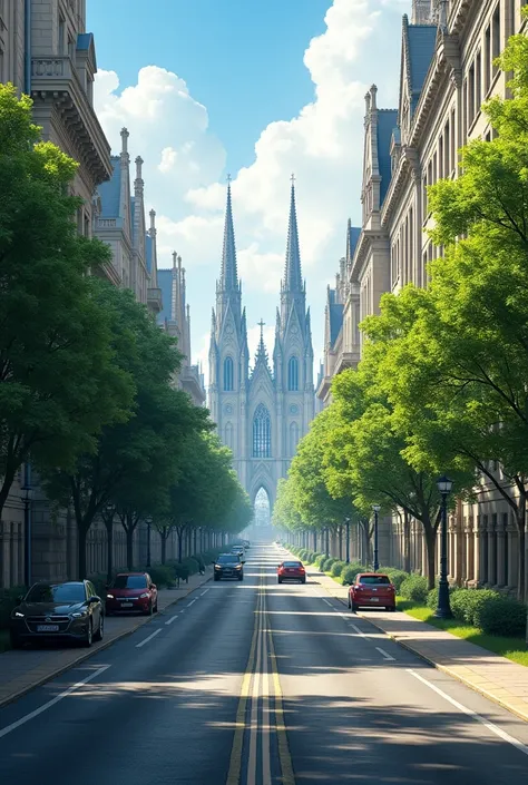 Tree-lined avenue with two lanes and buildings with Gothic architecture