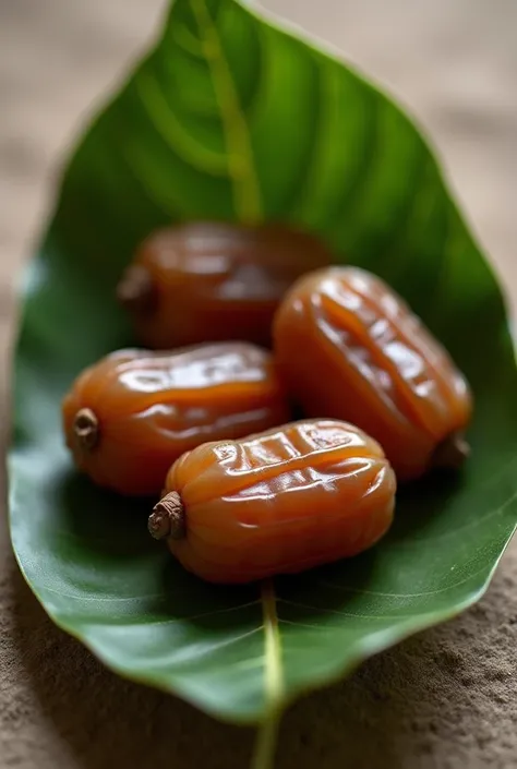 Dates fruit with leaf and ramadan vibes, taking a realistic photo