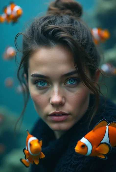 Super realistic portrait photo of a woman taken from a Sony a9 camera with a depth of field 1 . 3 and a background and a school of fish of various species such as clownfish, among others, women with a possessive face and blue eyes 