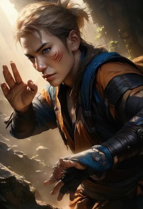 a young ninja boy with spiky blond hair, blue eyes and whisker-like marks on his cheeks, wearing an orange and blue ninja outfit, mid-action pose with ninja hand seals, detailed facial features, dynamic lighting, cinematic composition, digital art, vibrant...