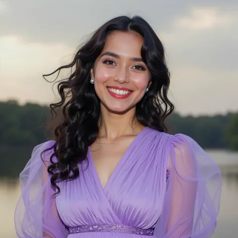 ( best quality ,   masterpiece ),( clear sky/ woman black curly hair, smiling, in a lilac dress 