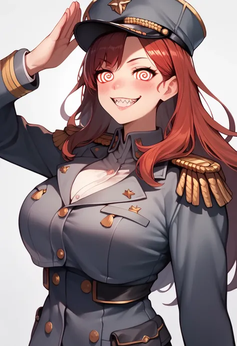 Score_9,Score_8_up,Score_7_up,detailed CG illustration,high res,（Solo Black long hair Beautiful woman）,evilgrin,sharp teeth,looking at viewer,salute,chestnut mouth,blush,posing,(large breast:1.12),red eyes,(spiral eyes),hypnosis,millitary cap,（White genera...