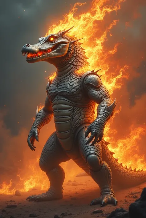 A fire-tailed crocodile with silver armor and fire crown 