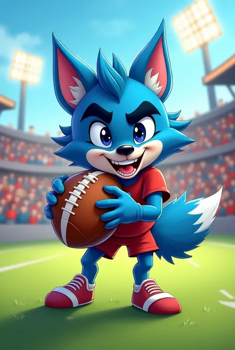 a cartoon blue wolf plays football