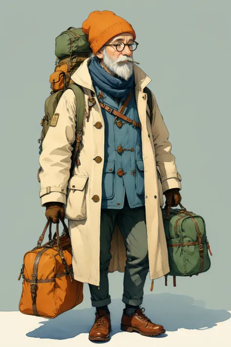  Traveler , coat, bag ,simple, inspired by Mattias Adolfsson, Highest quality, masterpiece, 8K