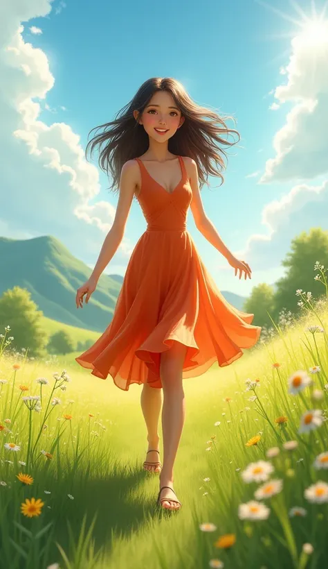 Pretty smiling girl in hot dress walking the field