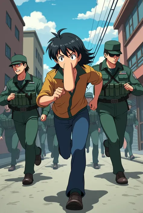 Anime character with long nose is being chased by marines with a panicked expression