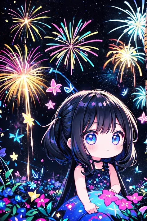  black light, 1 girl 、Chibi、cute、firework、 black lightボディペインティング、