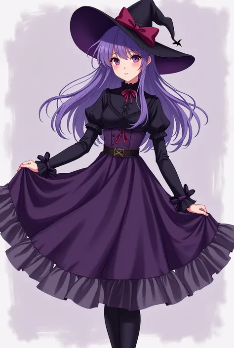  a painting of a woman in a purple dress and a purple hat,  an anime drawing inspired by Rei Kamoi , Trending , Gothic Art , 令人毛骨悚然Posture, Lolita in a skirt, Villain Stance, Posture, She has purple hair ,  1 7 - year old anime goth girl , 2D anime style, ...