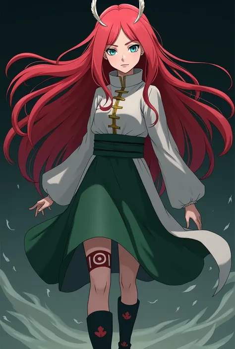 Yamamoto Mai Shippuden beautiful girl with full body long red hair fire-colored orange with two white locks highlighted on the front similar to those of Rogue from the X-Men light blue-green eyes beautiful girl hair flying in the wind age: 14-year-old heig...