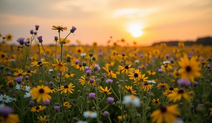 A vast flower field, covered in vibrantly colored wildflowers (yellow, lavender and white), stretches to the horizon. The sun is low in the sky, casting orange and gold tones that illuminate the flowers. A gentle breeze seems to move the plants, creating a...