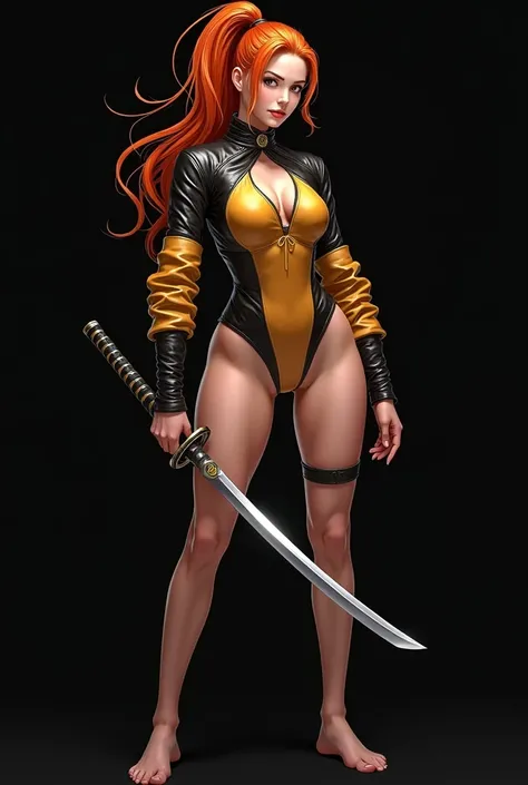 An extremely realistic full body illustration of an athletic young woman,  orange hair with a  " Ponytail".  She has a samurai style , Dressed in a "Leotardo" fitted with long sleeves made of dyed black leather, She goes barefoot with her legs natural. He ...