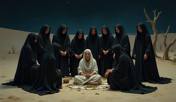 create an image of women dressed in black curing an old woman with one leg with natural remedies as if it were a ritual in a desert area with few trees and small houses at night 