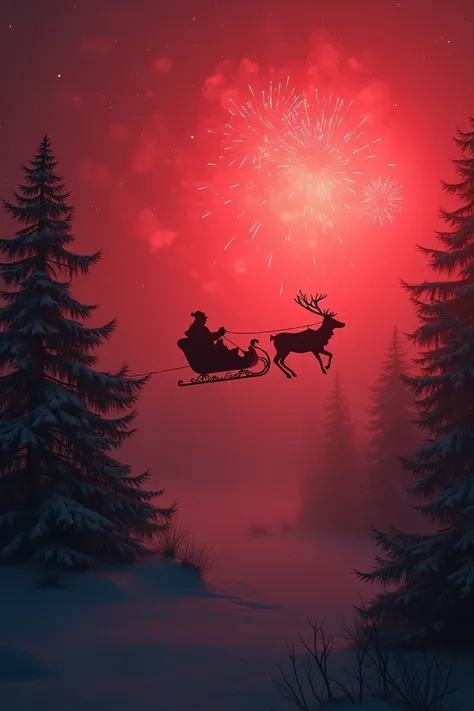 Create an image with the shadow of Santas sleigh and his reindeer  ,   with a lot of fog and the only colors the image can have are dark red and black, tmb must have fireworks  