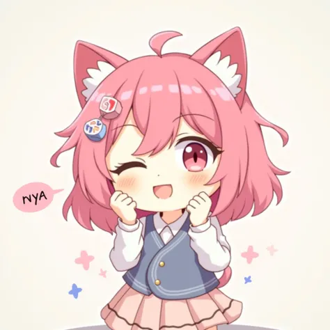 A cat girl saying nya, pink hair, winking, kawaii, decora, hair ornaments, face stickers, simple background, pastel colors, minimalist, stylized, chibi