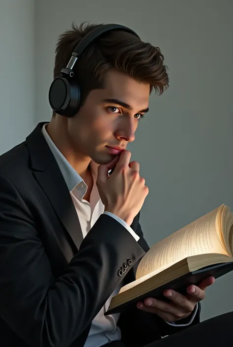 Solo, 1boy, side pose, holding book to face, headphones, glancing at viewer, character introduction, Accurate, Best Quality, High Resolution, Detail, Quality, full body, 85mm, 35mm, 