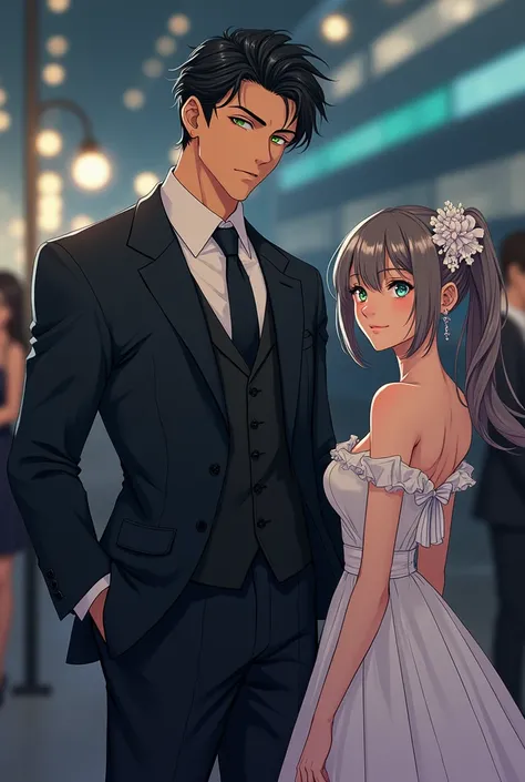 anime image of a mobster boy with green eyes ,  black cabello, tall and muscular,  in an elegant suit and a short girl with gray eyes ,  slightly dark golden hair and white skin wearing an elegant dress 