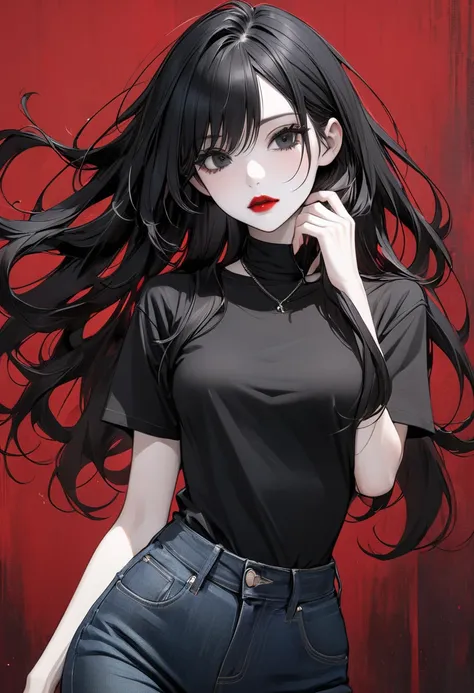  Long black hair ,  black eyes ,  white skin, red lipstick ,  medium chest , Slim body, black t-shirt, cotton neck choke ,  jeans