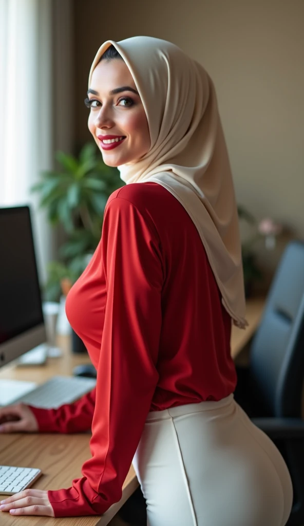 Photorealistic european hijabi woman, 165cm high, ((smooth skin, pale skin)), red lipstick, long eyelashes, full lips, smokey eyeshadow, wide hips, curved ass, ((wearing tight red shirt, tight white skirt, huge boobs)), cream hijab, hijab covers neck, exce...