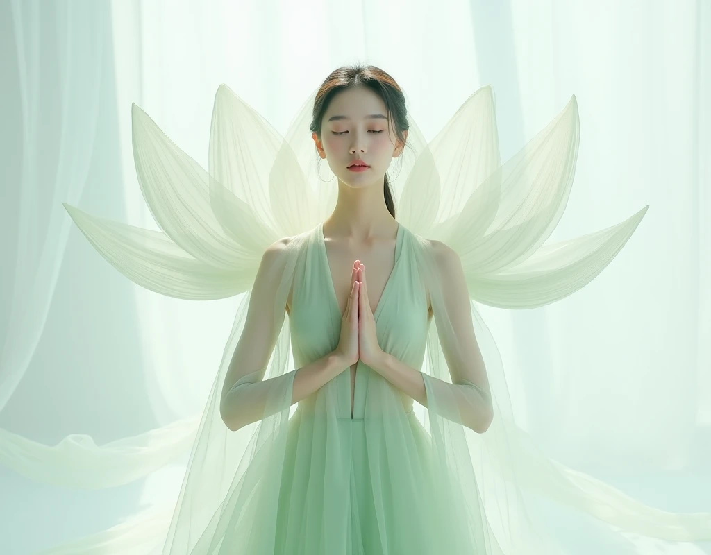 Light jade tone, simple white background, lighting effect, minimalist, elegant, pure gentle, soft light, photorealistic. Korea women (collarbone, shoulders) posing (praying and standing) with The hyper-giant lotus with huge and long petals (petal made of a...