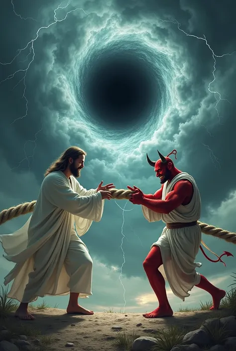 A powerful scene depicting a cosmic tug-of-war between Jesus and the Devil. Jesus, dressed in a simple white robe, exudes calm and serenity, while the Devil, with red skin, horns, a tail, and a mischievous grin, wears a similar white robe. They stand at op...