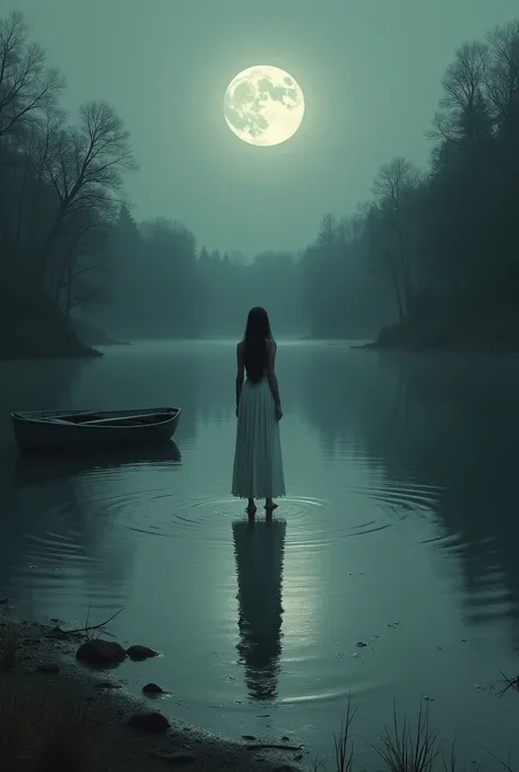 Mysterious Lake at Midnight:
A calm lake surrounded by dense, dark woods. The water reflects a full moon. On the shore, an old rowboat lies half-submerged. A shadowy figure in a white dress stands barefoot in the water, looking away into the darkness