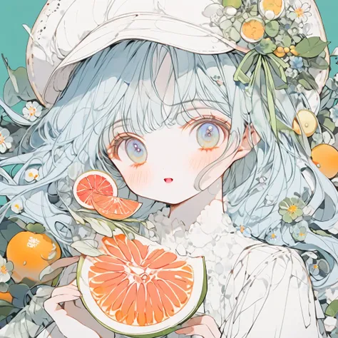 (  Masterpiece  ,  top quality,Ultra_  Details,  is high definition , Meaningless:1.2),  1 girl , _d, blue alone _hair, green_background, green_ , vegeTables、eye２T、 hands and feet、The face has vegetables , light blue_  headwear, Grapefruit,Grapefruit flowe...