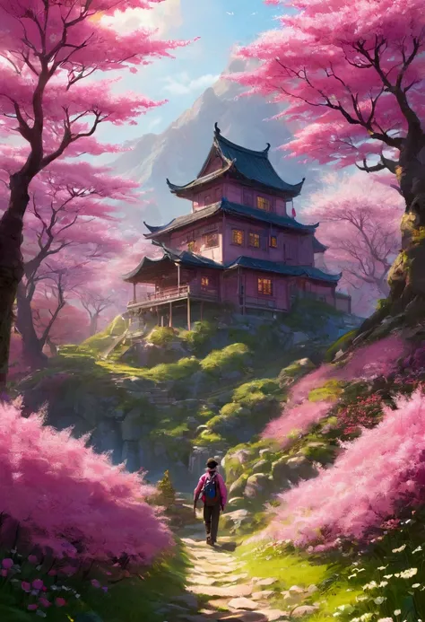  A lone traveler walks through a beautiful pink spring forest， A beautiful house is located on a beautiful mountain ，背景是美丽而realistic的瀑布, Beautiful and spectacular sunset, Adventure clothes ，whole body，realistic，8k，masterpiece， vivid colors ，Natural Lightin...