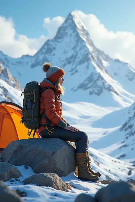 A mountaineer girl , Shes sitting on a rock ,  watching the snowy mountains in the distance,  on one side is her tent . It&#39;s daytime.