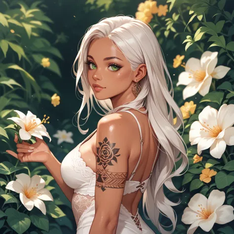 A young-looking woman with white hair, greyish green eyes. Has a curvy body. Has tan skin and black tattoos of flowers and symbols on her arms and back