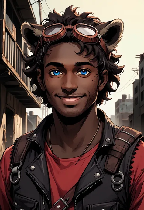 (8k, 4k, intricate),(halfbody-shot:1), (highly detailed:1.2),(detailed background:1.2),((dark skin, handsome face,handsome male, smiling)), ((raccoon ears, tanuki tail))((post-apocalyptic aesthetic, post-apocalyptic clothing, walking dead aesthetic))) (Bes...