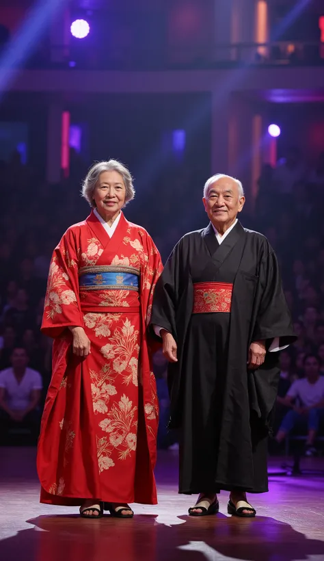 full-length portrait at the center of the stage of a TV show remains Americas Got Talent, an elderly Japanese couple ,  an elderly man and an elderly woman dressed in traditional Japanese clothing standing side by side with expressions of shame, dramatic l...