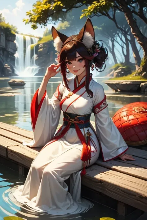 absurdres,  highres icon,  ultra detailed, (1 :1.3), hand drawing, single line,  From  in Hanfu colorful Chinese, sexy girl with fox ears, in the lotus lake,   masterpiece , sitting in the water,  floating clothes ,  floating hair