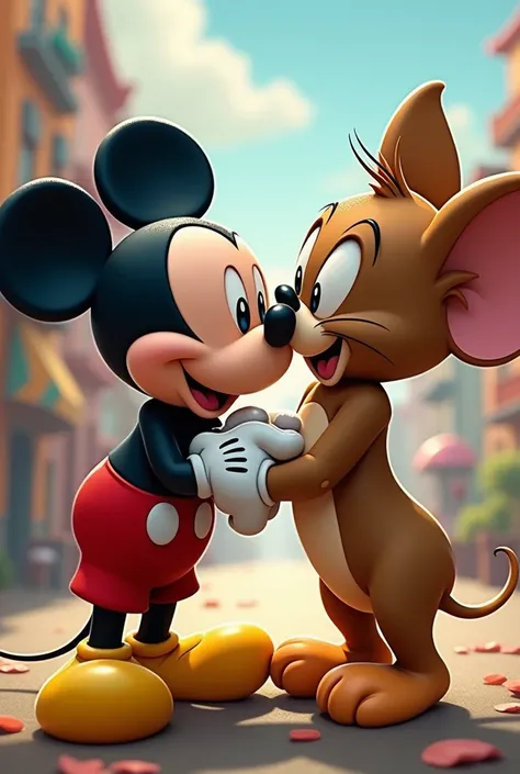 Prompt for MidJourney:

Image: Mickey Mouse kissing Jerry

Descriptive keywords: Whimsical, unexpected, unlikely pairing

Photographic style: Cartoonish and vibrant, resembling an animated scene

Tone: Playful and heartwarming

Object: Mickey Mouse and Jer...