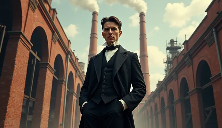 Nicola Tesla Joven standing in hero position in front of electric motor factory in Budapest.