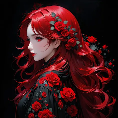  mysterious black background 、 lots of red roses
Im wearing a black hood、 adult woman with very long red hair and red eyes 、Looking back 、 looking straight ahead and body facing sideways 
