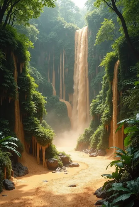 Sand waterfalls are found deep in the Amazon, sand cascading down instead of water, rivers flowing entirely of sand, science fantasy, bright scenery, and excellent image quality.