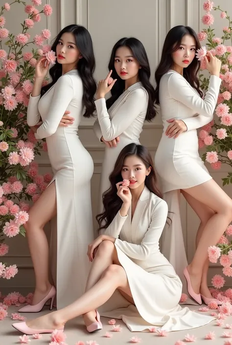 Create a promotional image of four female idols in different poses, spread out in an elegantly decorated setting filled with Freesia flowers.

Mia: Long, dark wavy hair, standing confidently, with a calm yet powerful expression.

Lily: Sleek, straight blac...