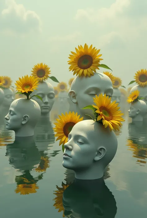 There are sunflowers on the waterlogged heads.