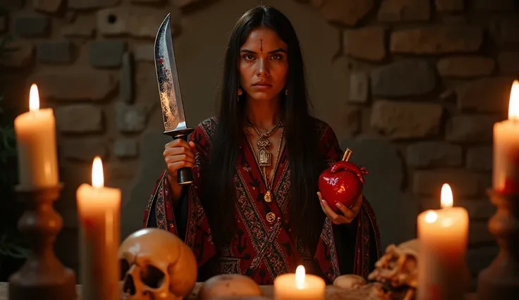 an Inca young chilenean priestess, in a village in Chile, at a necromantic altar with human skulls and candles,A photo of an Inca young Chilean priestess in a village in Chile. She is standing at a necromantic altar with human skulls andcandles. The backgr...