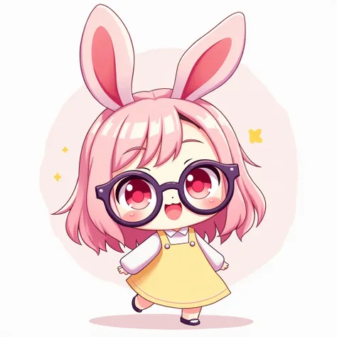 Rabbit girl chibi anime kawaii style, Large round glasses,  Pastel pink hair, pastel yellow dress, bright red eyes, Stylized, Purple LineArt