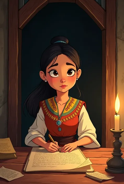 image of a lady wearing a katipunera outfit filipino hiding in a place and writing a letter MAKE IT HISTORICAL FILIPINO ANIMATION. FACING FRONT